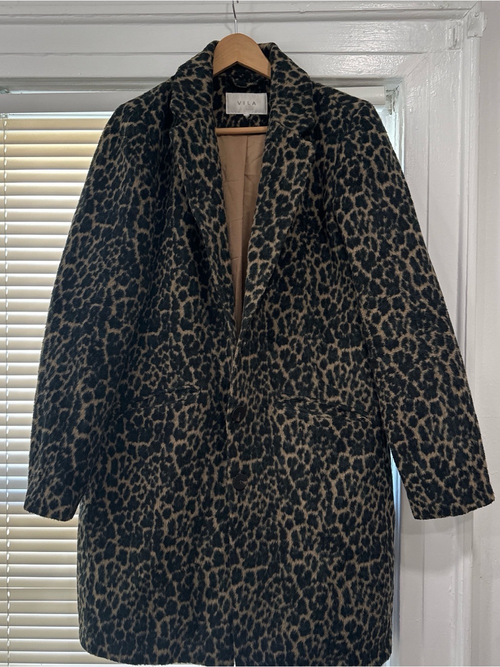 VILA Leopard-Print Pea Coat in Black & Brown